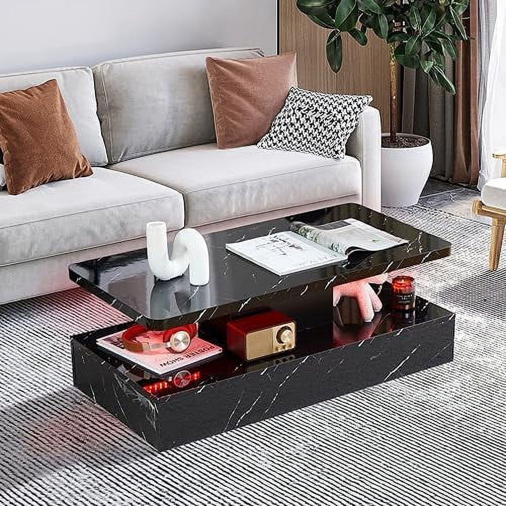 TJCGDTY White Coffee Table with   High Gloss Modern Coffee Table for Living Room  Marble Grain Wood Coffee Table  Smart Large Living Room Table with LED