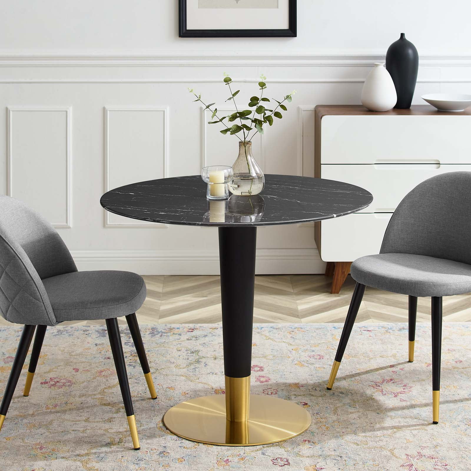 Dining Table, Round, Artificial Marble, Metal Steel, Gold Black, Modern Contemporary Urban Design, Kitchen Room Cafe Bistro Restaurant Hospitality