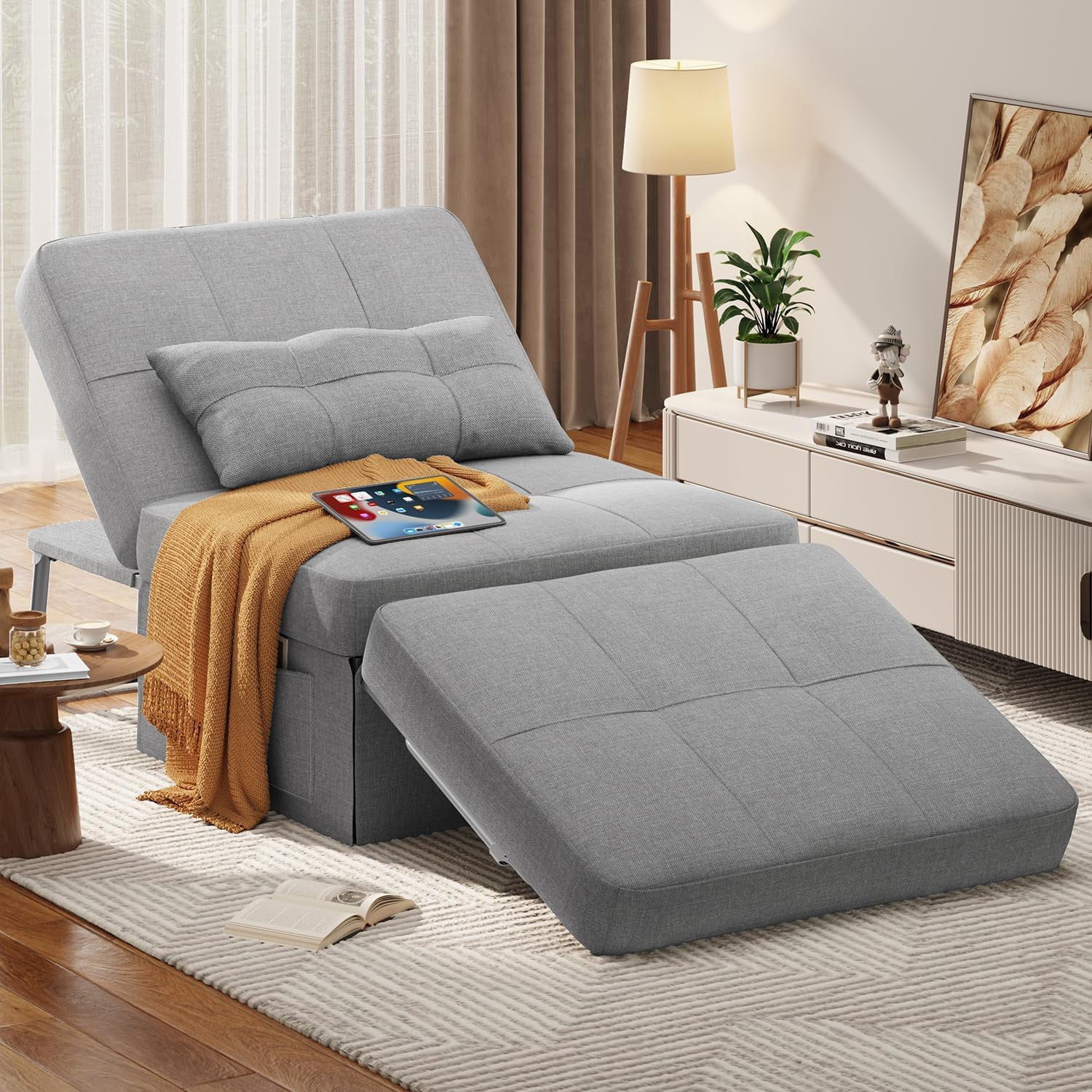 4 in 1 Sofa Bed, Sleeper Chair Bed Convertible Chair, Assembly-Free Sofa Chair Bed with Adjustable Backrest Breathable Linen, for Living Room Apartment Office, Light Grey