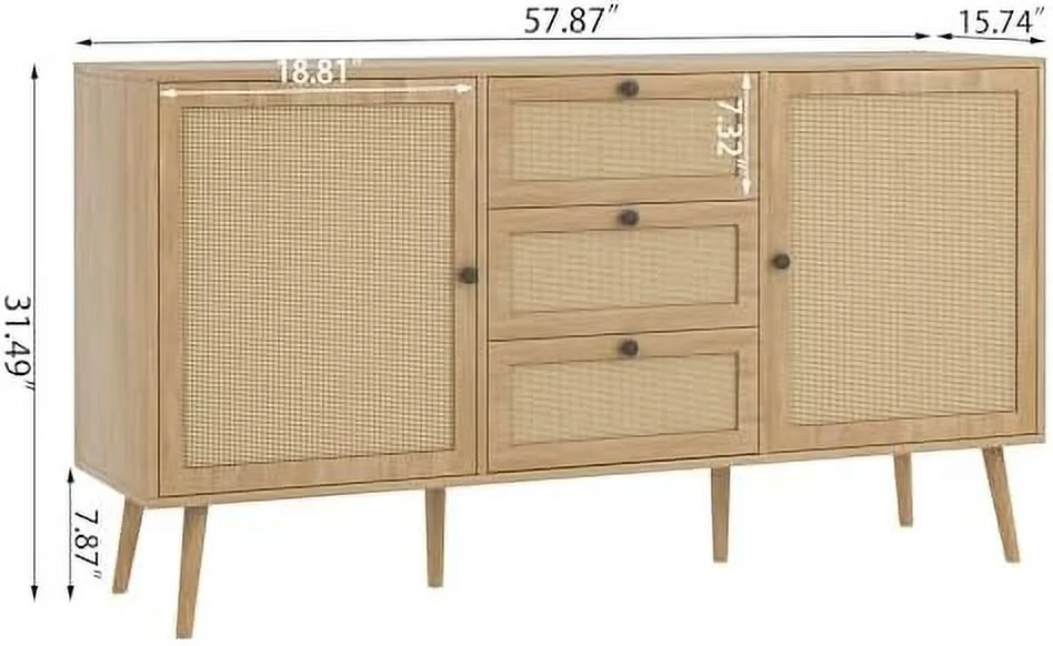 HBROLJF Rattan Sideboard Buffet Cabinet with   Cabinet with 2 Doors and Adjustable Shelves  Rattan Accent Cabinet with 3 Drawers for Living Room  Kitchen  Dining Room  Entryway (Oak)