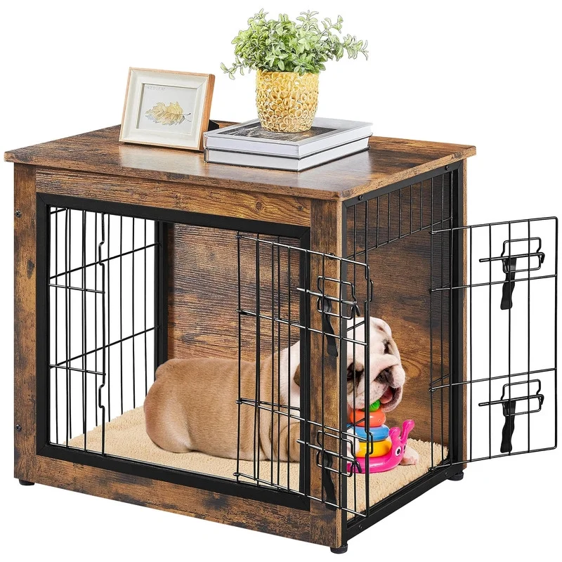 27.5'' Dog Crate Furniture with Cushion Wooden Dog Crate with Double Doors/Adjustable Feet Side End Table for Small/Medium Dogs, 27.5