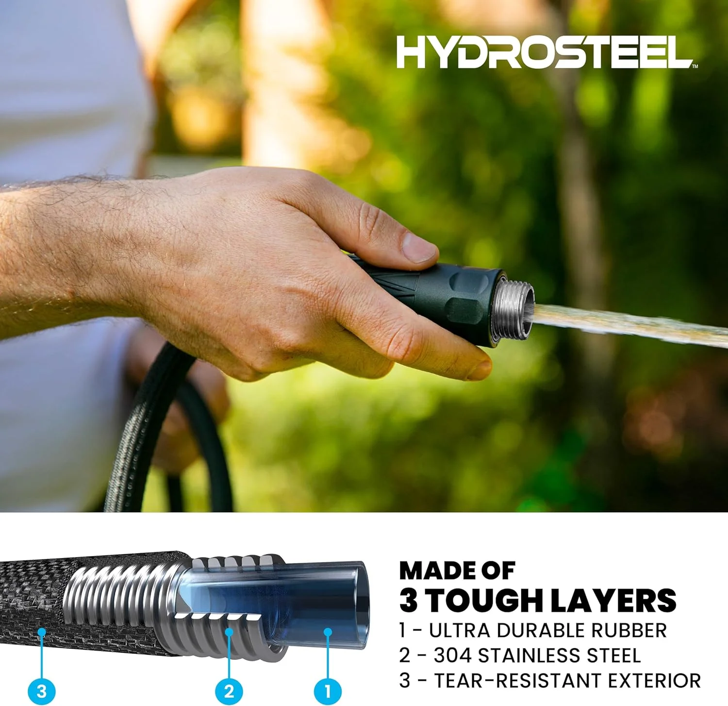 Hydrosteel Garden Hose Heavy Duty Steel Hose Triple Layered Water Hose 25ft