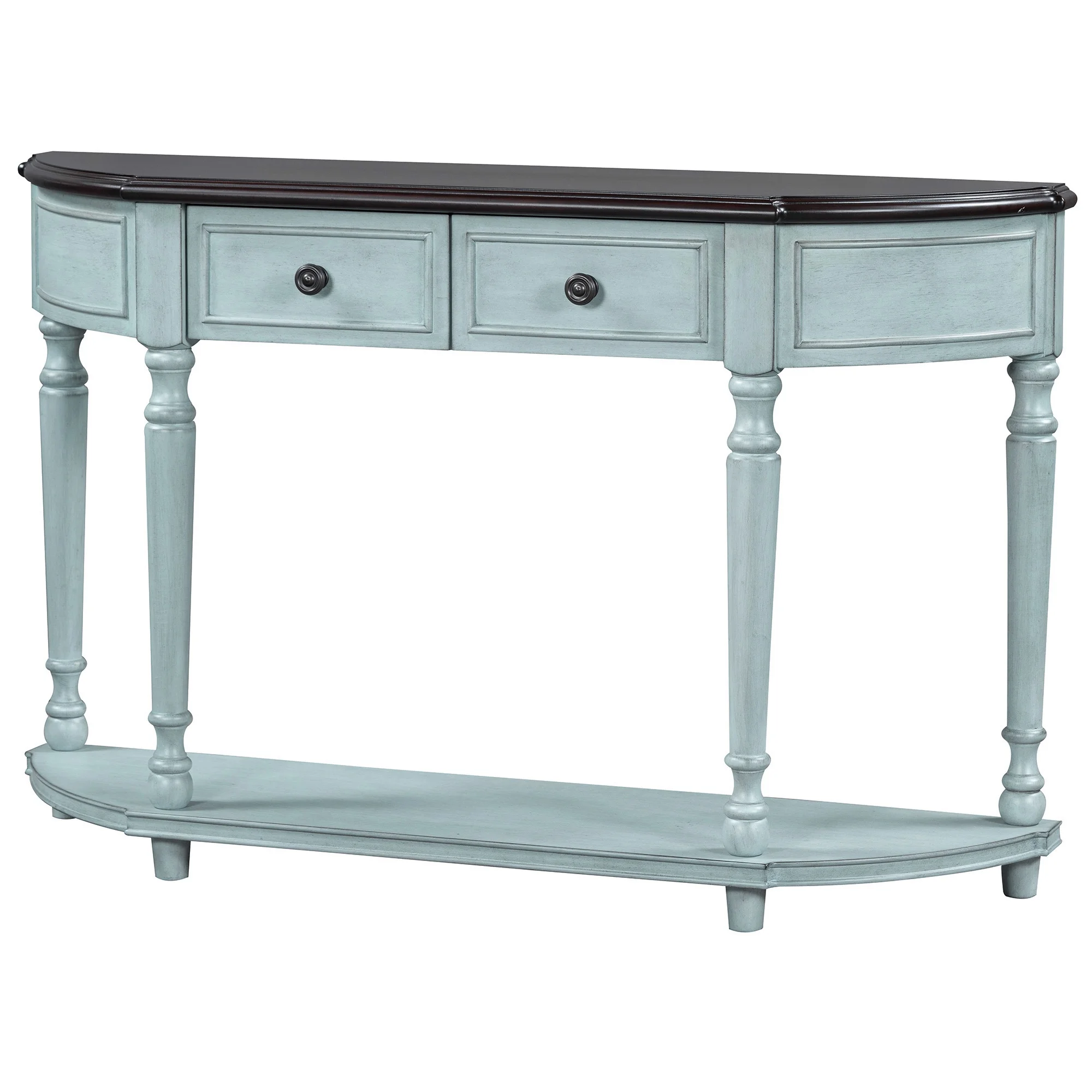 Retro Circular Curved Design Console Table with Open Style Shelf Solid Wooden Frame and Legs Two Top Drawers (Cherry + Antique Blue, OLD SKU: WF298768AAC)