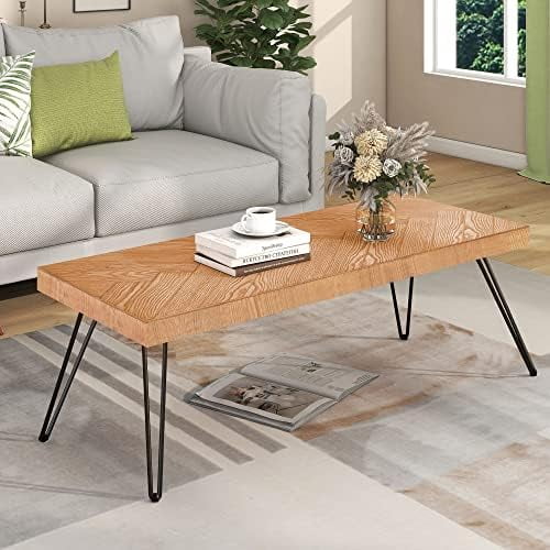 xrboomlife Modern Coffee Table  Easy Assembly Tea Table  Thicken Cocktail Table with w/Chevron Pattern & Metal Hairpin Legs for Living Room  Ash Wood Finished (Natural)