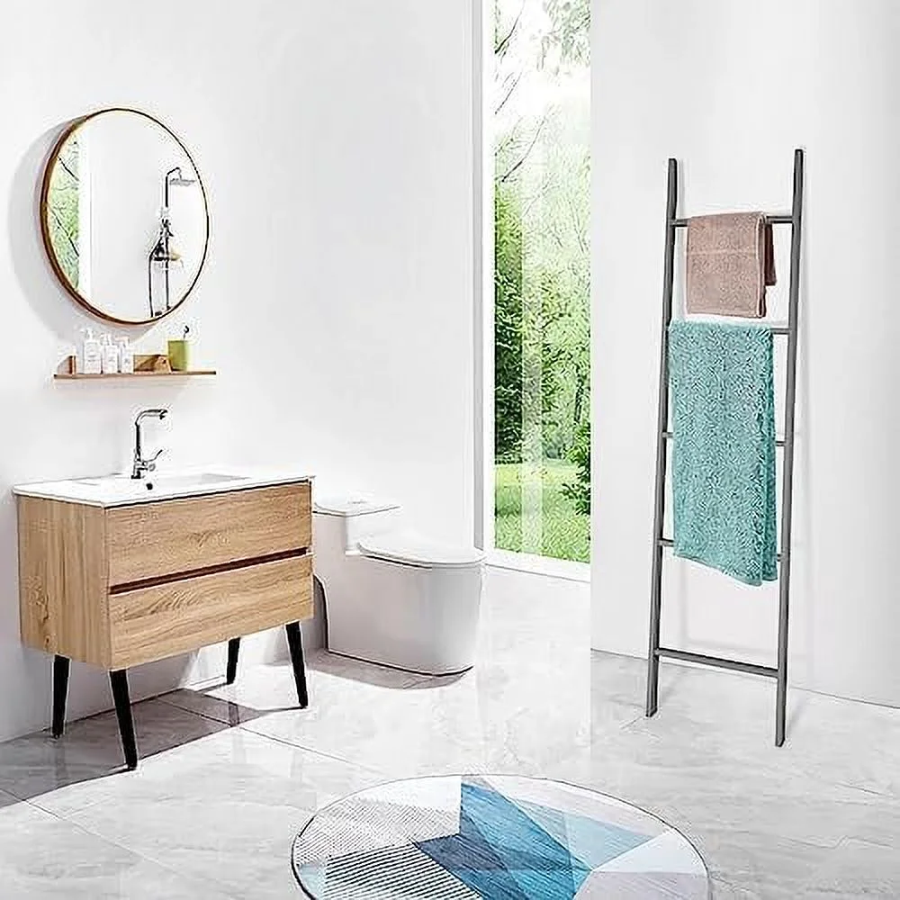 HVSDIMO 5.4 Ft Wooden Blanket Ladder  Quilt Ladder Farmhouse Decor  Blanket   Wall Leaning Blanket Ladder Holder  Blanket Rack  Room  Bedroom and Bathroom  Easy to Assemble  Grey