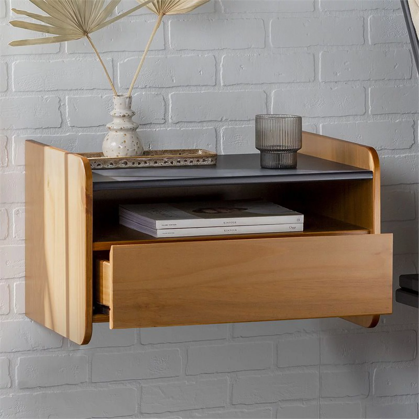 Carter Solid Wood Floating Bedroom Nightstand with Drawer in Caramel