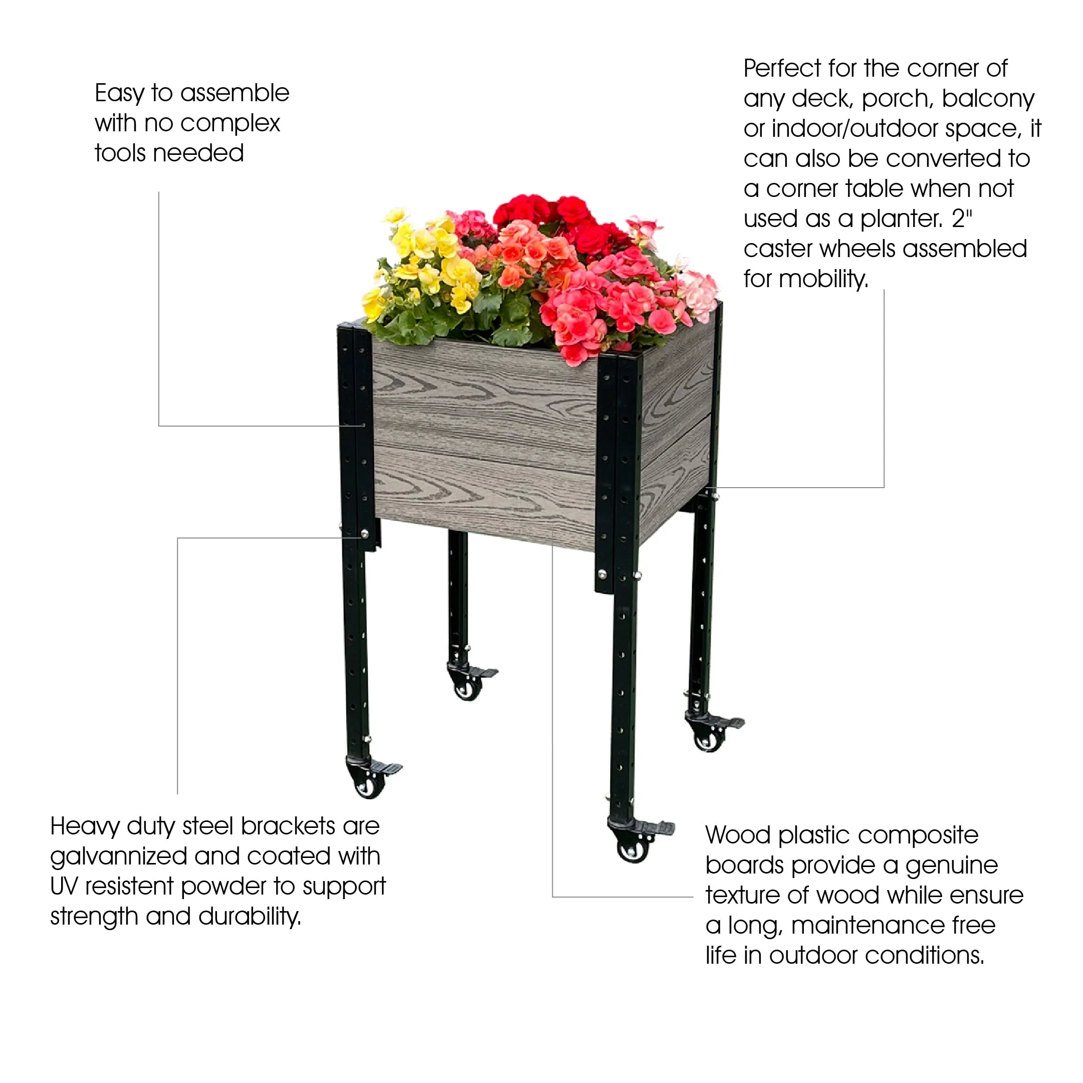 Mobile Elevated Corner Planter Box Raised Garden Bed Wood Texture Grey & Black