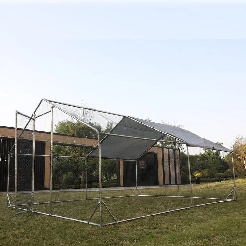 Large Metal Chicken Coop Walk-in Poultry Cage Hen Run House Rabbits Habitat Cage Spire Shaped Coop with Waterproof and Anti-Ultraviolet Cover (13.1' L x 9.8' W x 6.4' H)