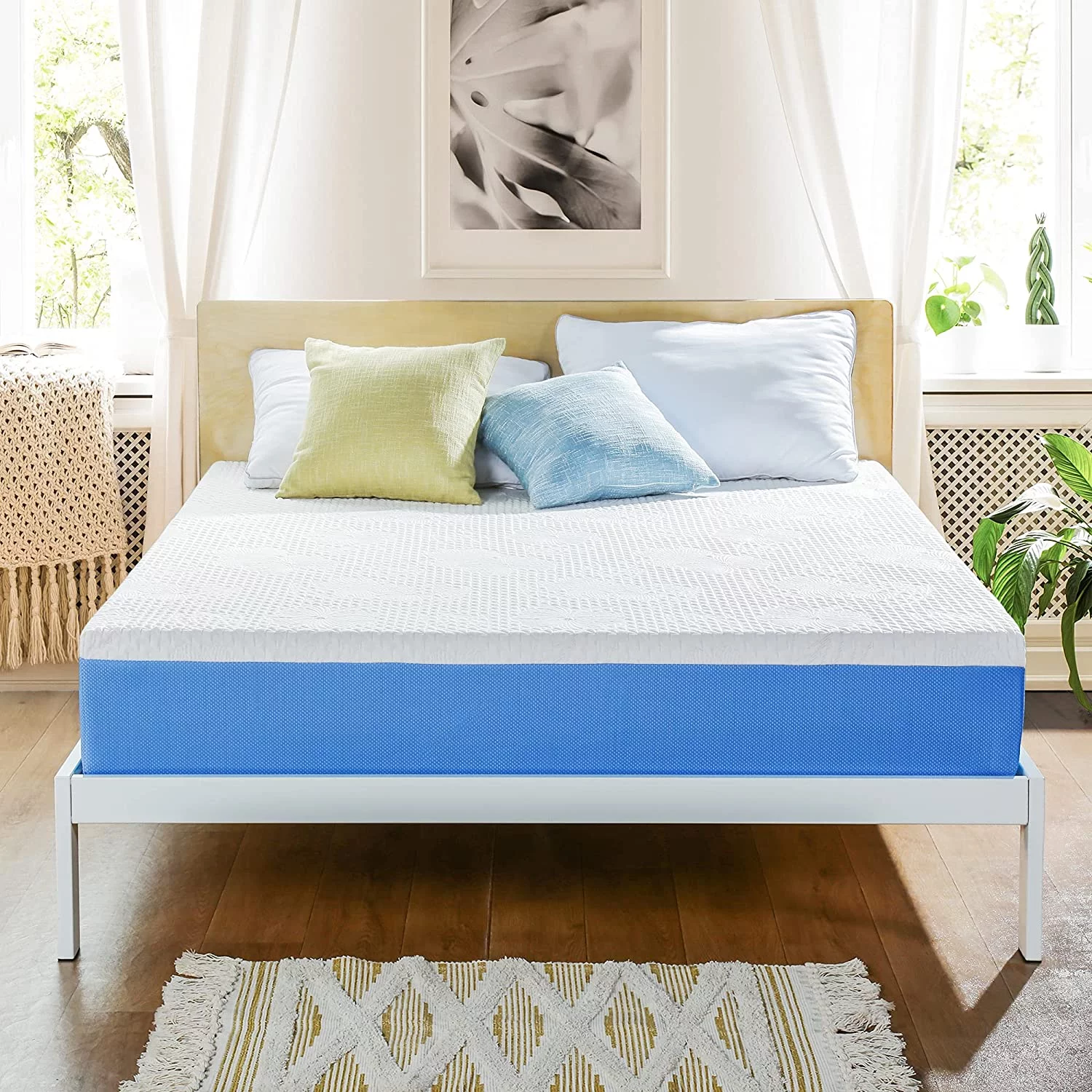 YANRUI 10 Inch Ventilated Gel Infused Memory Foam Mattress, CertiPUR-US® Certified, Blue, Queen