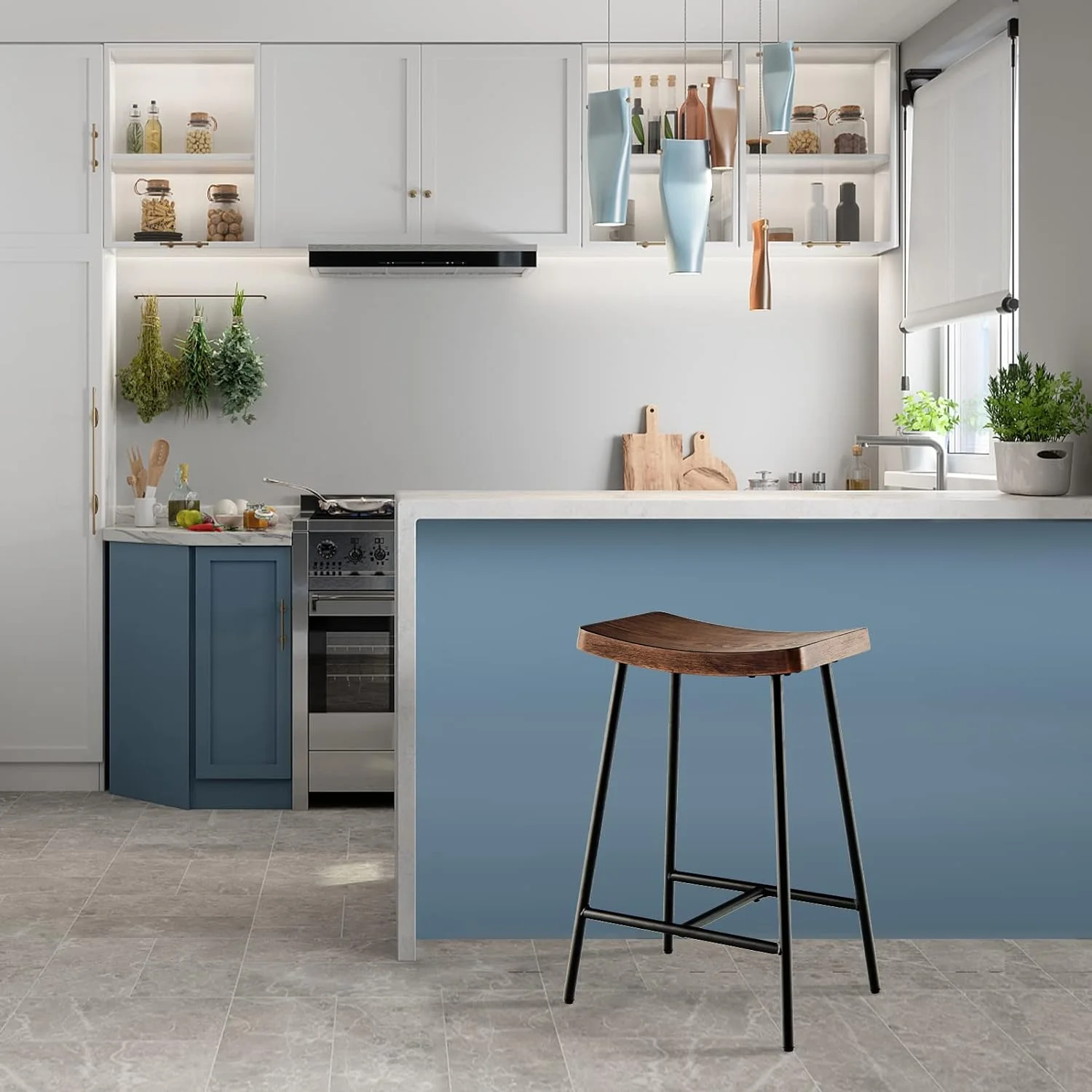 24-Inch Height Industrial Saddle Stool with Footrest, Metal Legs, Adjustable Foot Pads, Backless Counter Height Chair for Living Room Kitchen Bar, Rustic Brown and Black