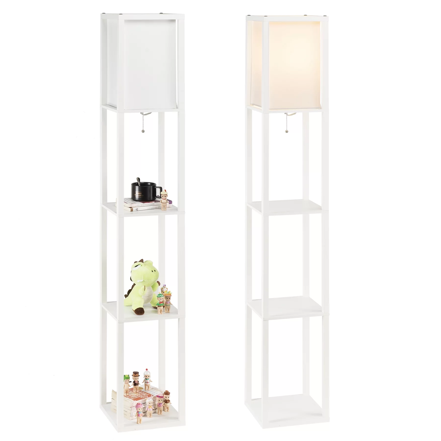 Wayshire Mid-Century Standing Column Floor Lamps, 100W, 3 Shelves, White, Set of 2