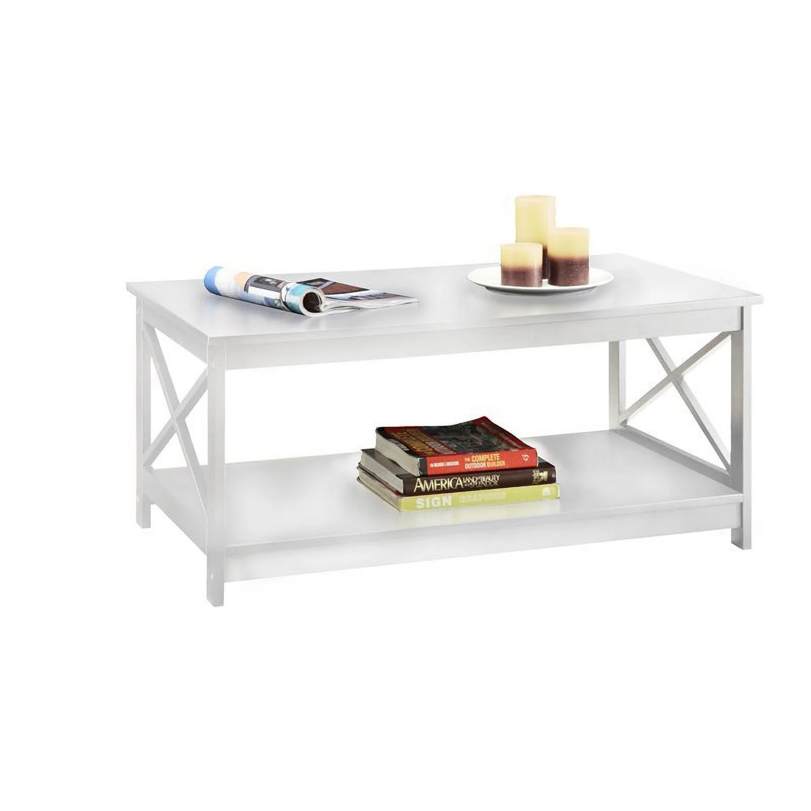 Pemberly Row Modern Coffee Table with Shelf in White Wood Finish