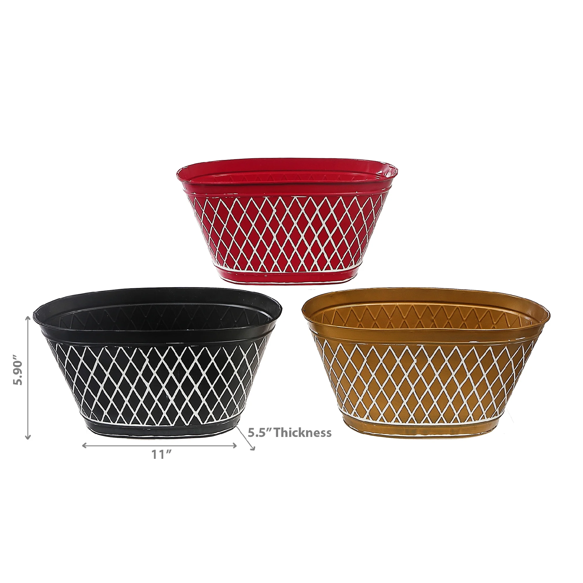 Maison Concepts Christmas Metal Oval Diamond Planter - Set of 3 (11L X 5.9W X 5.5H)