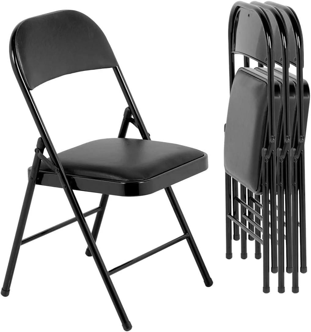4 Pack Folding Chairs with Padded Cushion and Back, Metal Chairs with Comfortable Cushion and Durable Steel Frame for Home and Office, Black