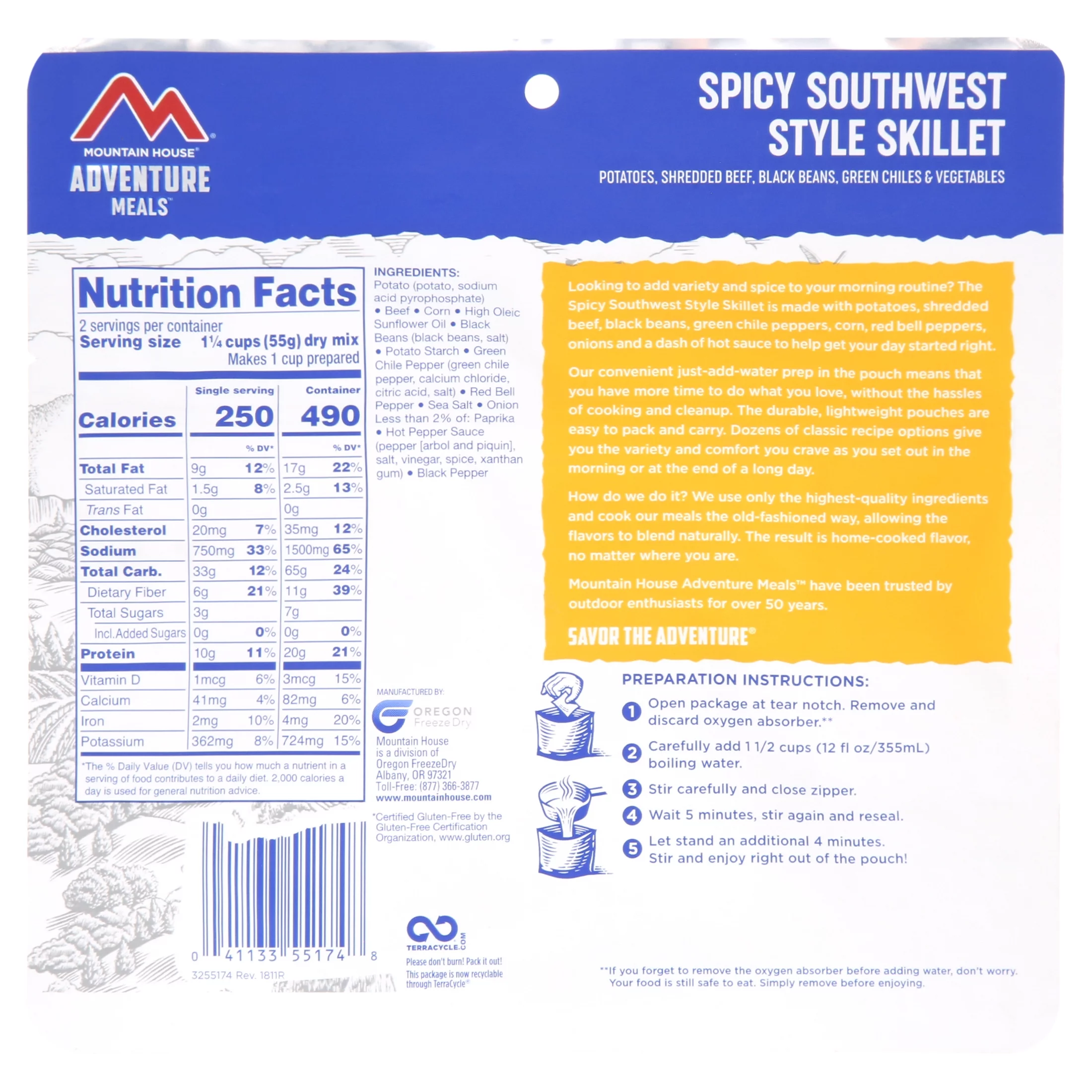Mountain House 3.9oz Freeze-Dried Spicy Southwest Style Skillet, 2 Servings