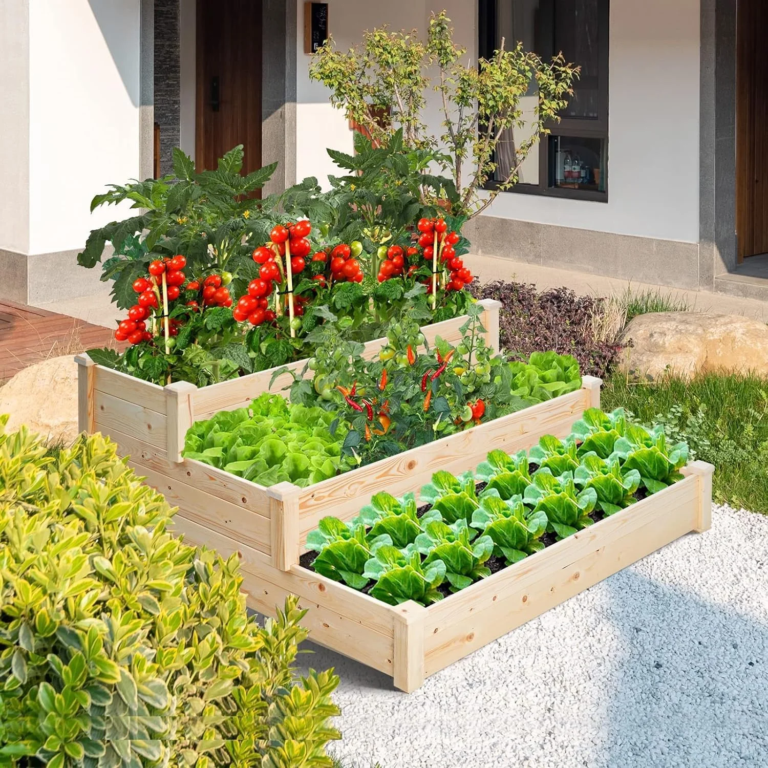 4x4 3 Tier Feet Outdoor Wooden Elevated Raised Garden Bed Planter Kit Grow Gardening Vegetable Natural, S or Yard Gardening, Natural
