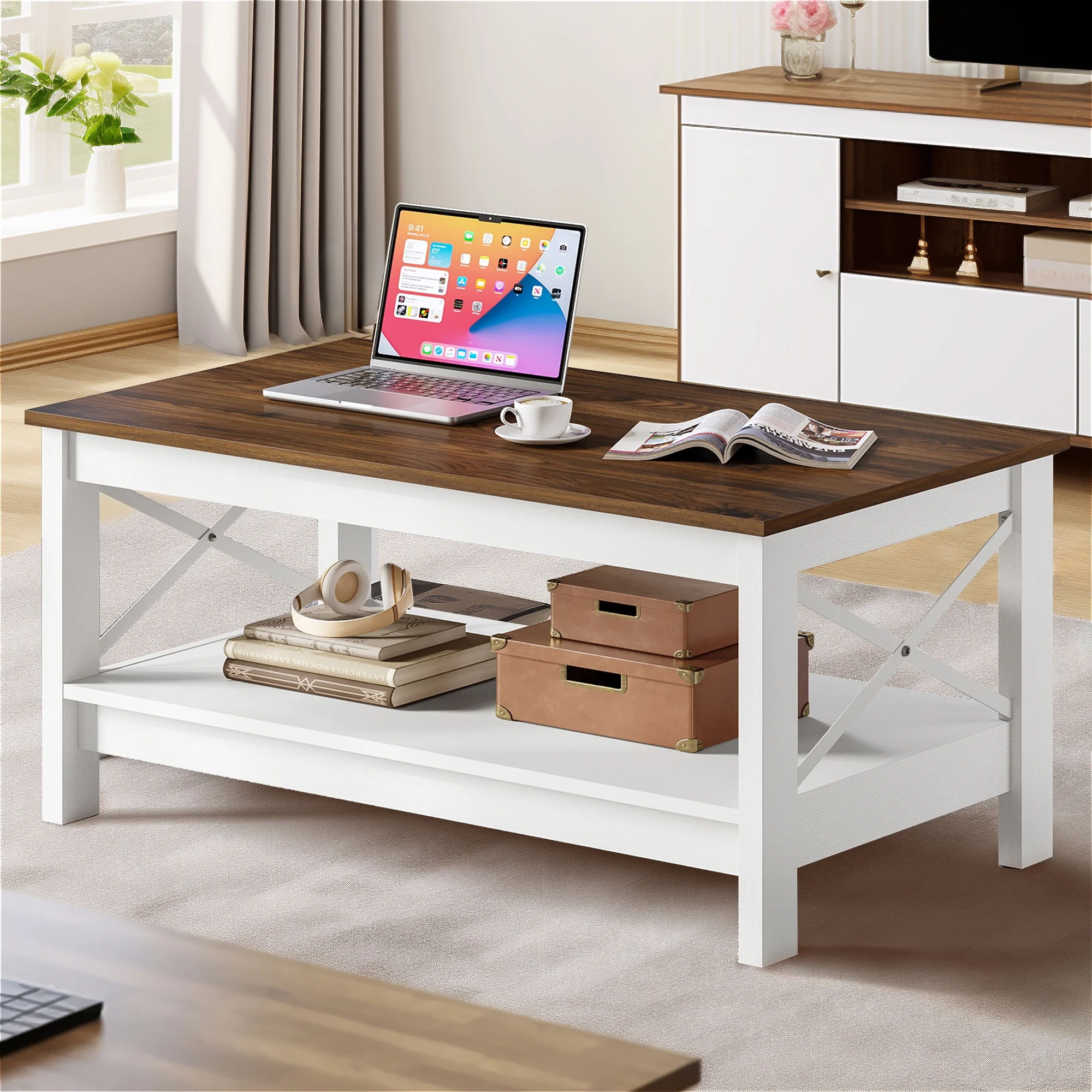 Dextrus Farmhouse Coffee Table with Open Storage Shelf, 2-Tier Thicken Wood Accent Cocktail Center Ends Table for Living Room Home Office, Brown and White
