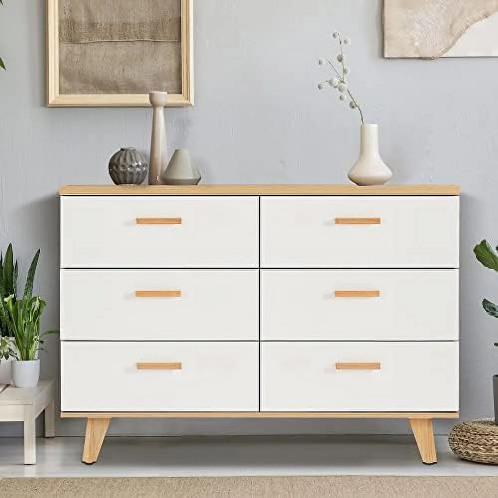 MQLIFEBOOM Mid Century Modern Wood Dresser Bedroom  Drawer Organizer Closet with Solid Wood Handles and Feet  6-Drawer Double Dresser Clothes  Cabinet for Hallway Living Room Bedroom
