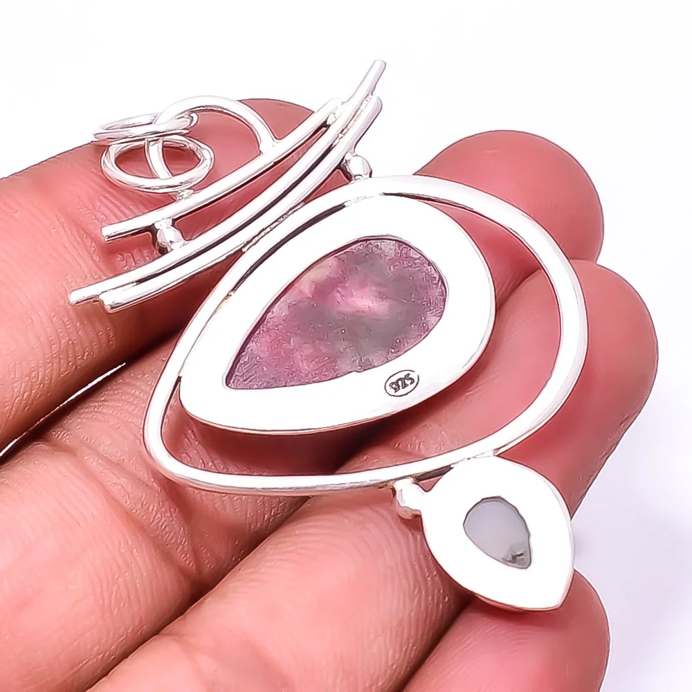 Pink Thulite -Norway & Black Titanium Agate Drusy Designer Handmade 925 Silver Plated Pendant 2.34