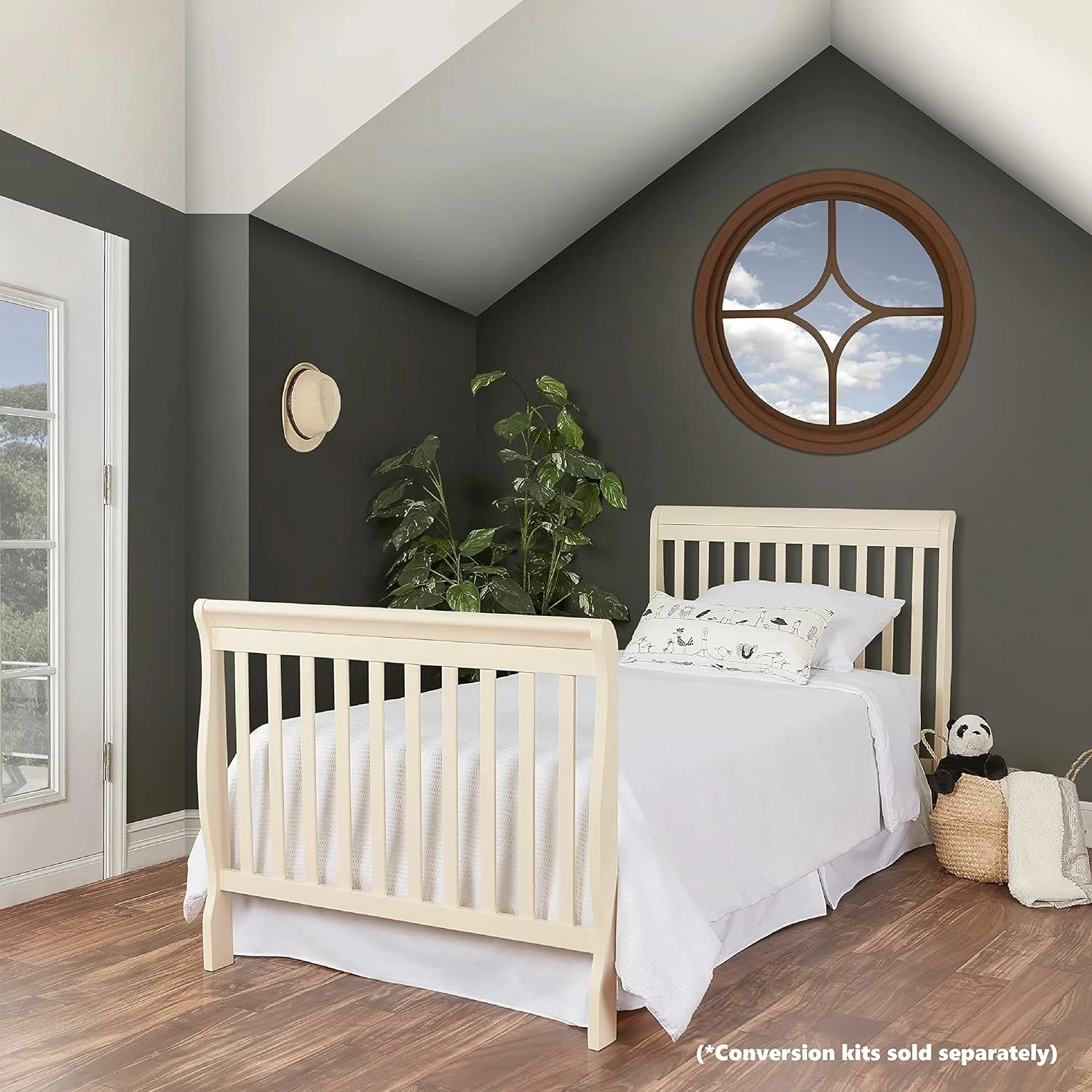 Aden 4-in-1 Convertible Mini Crib In French White, Greenguard Gold Certified, Non-Toxic Finish, New Zealand Pinewood, With 3 Mattress Height Settings