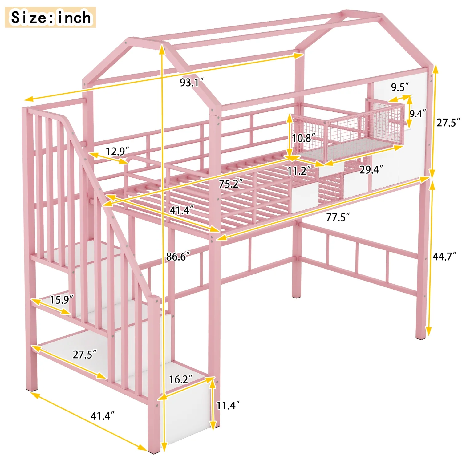 Churanty Twin Size House Bed Metal Loft Bed with Storage Box on Roof Design, Storage Staircase Loft Bed Frame with Under Bed Space for Kids Teens Boys Girls, Pink