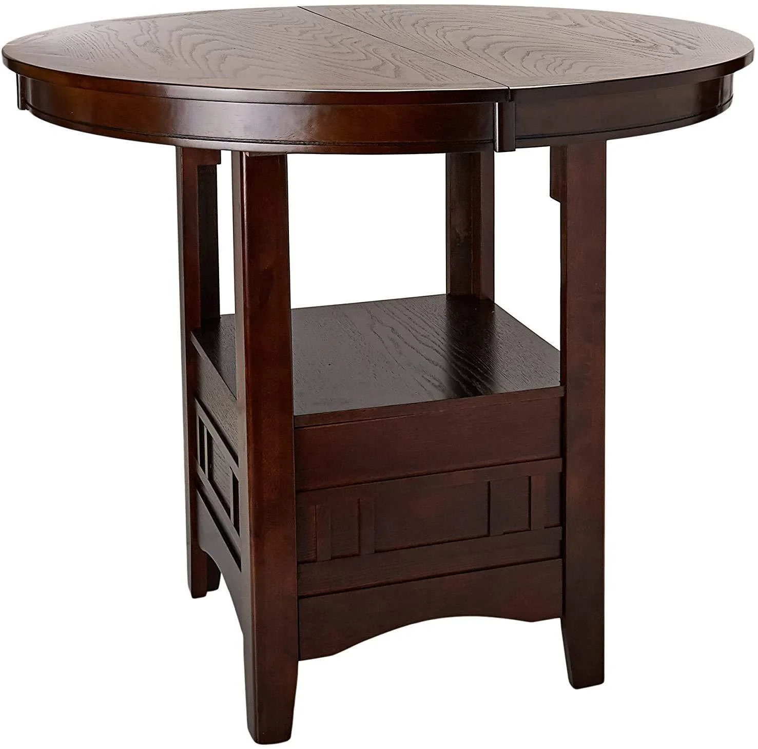 Elegant Dark Rosy Brown Solid Wood Round Counter Height Dining Table with Shelve - 1 Piece Table Only