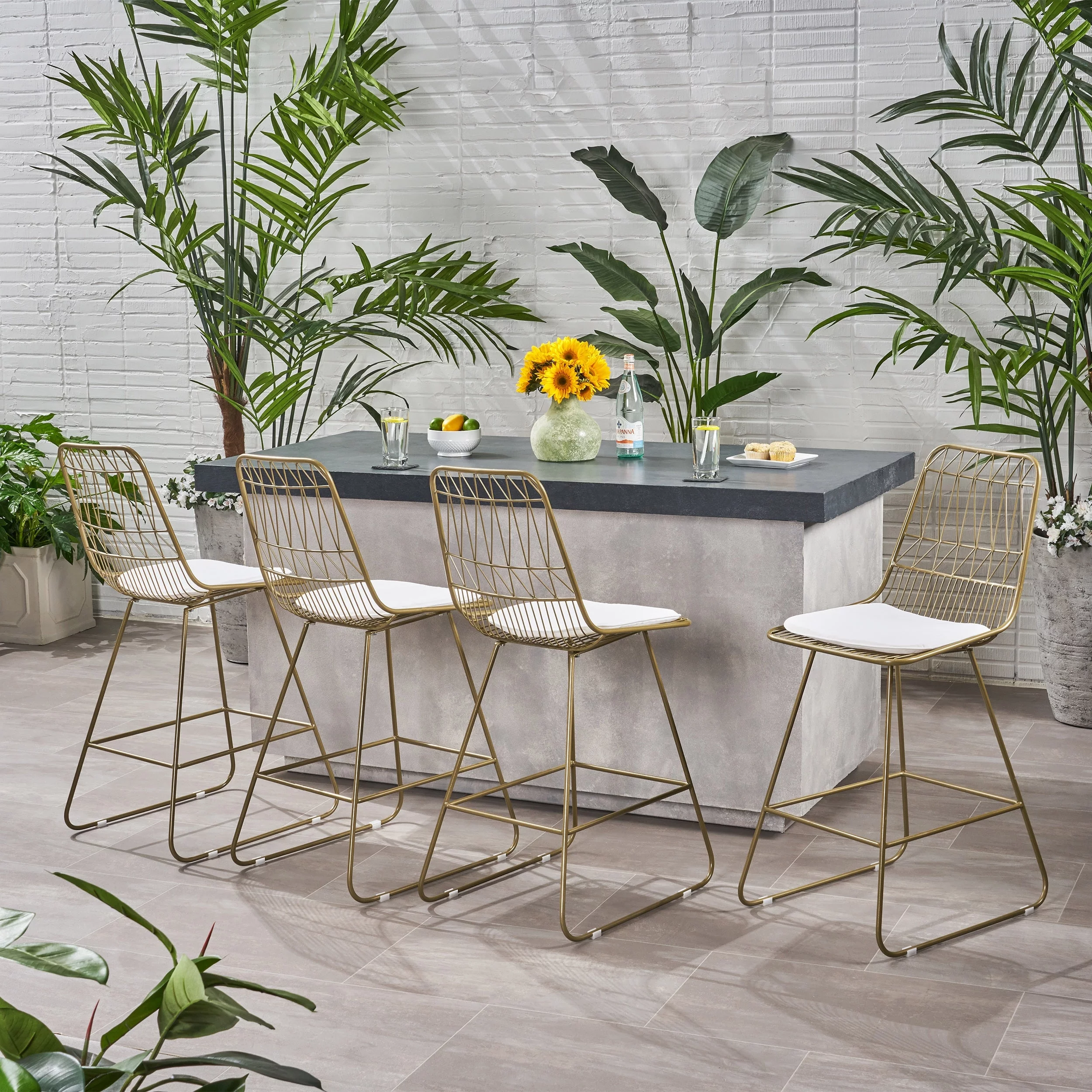 Christopher Knight Home Niez Outdoor Wire Counter Stools (Set of 4) by  - N/A light brass finish + ivory cushion