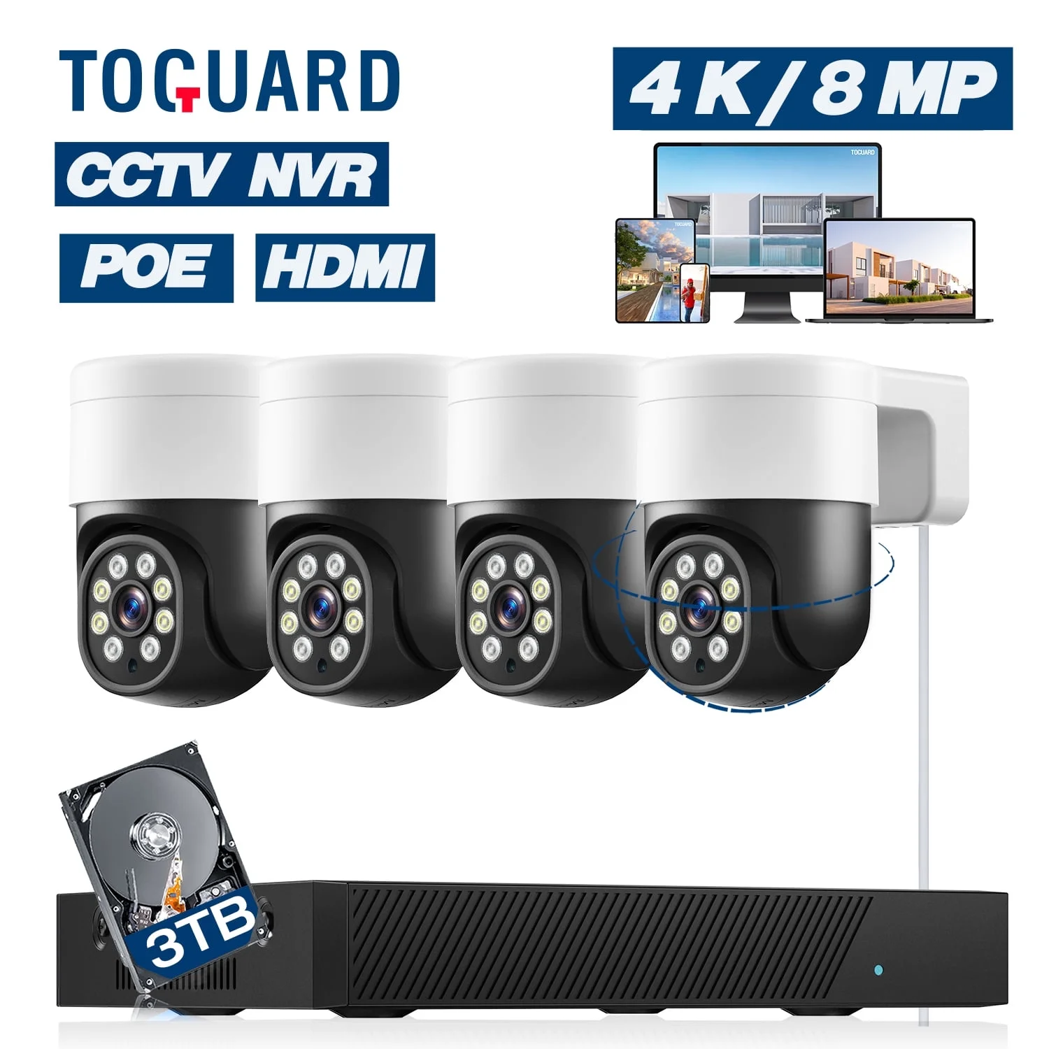 TOGUARD SC46 4K/4MP+4MP POE Security Camera System Outdoor with 8CH CCTV NVR 4Pcs 4K/4MP+4MP PTZ Dome Surveillance Cameras 3TB Hard Drive HDMI Connector