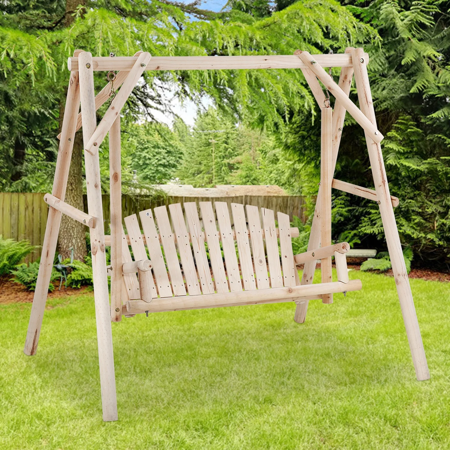 Outdoor Wooden Porch Swing 67 Inch Log Swing with Stand, A-Frame Yard Swing Set Patio Furniture Modern 2 Person Swing Sturdy Garden Bench Swing Rustic Curved Back Swing Chair for Adults