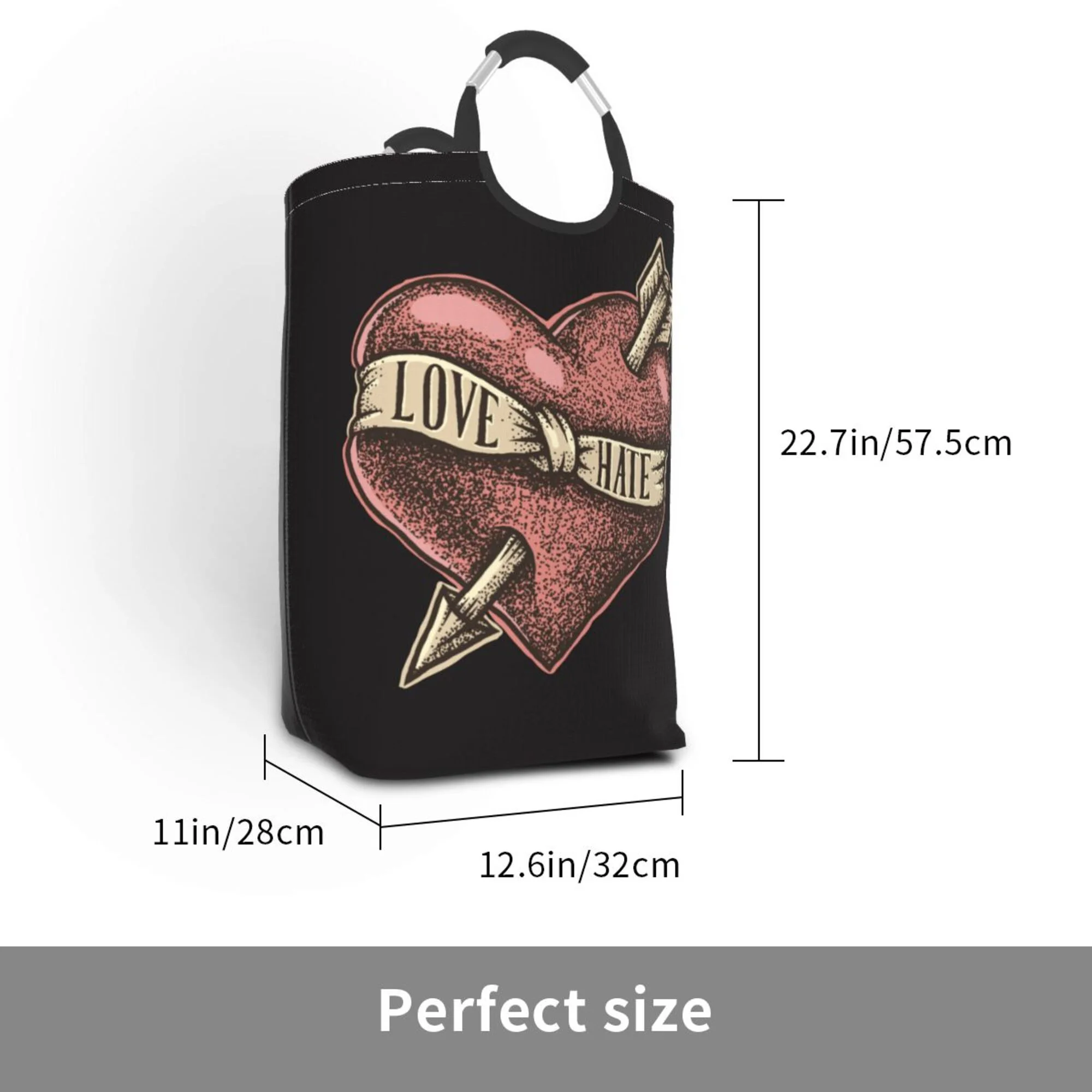 TEQUAN 50L Large Rectangular Laundry Hamper with Aluminum Handles, Love Heart with Arrow Prints Waterproof Foldable Dirty Clothes Basket