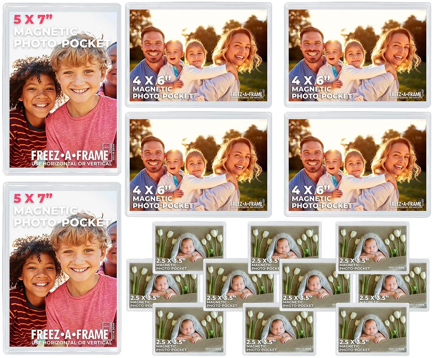 Clear Magnetic Picture Frames For Refrigerator School Locker, or any Magnetic Surface 16 Pack Holds (2) 5 x 7 (4) 4 x 6 (10) 2.5 x 3.5 Exclusive Photo Pockets
