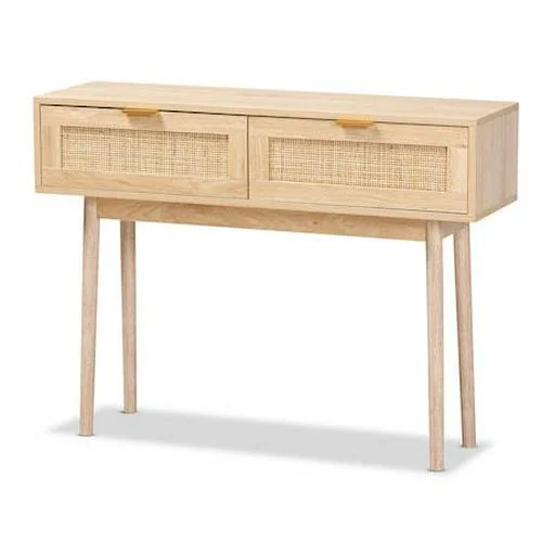 Baird Mid-Century Modern Light Oak Brown Finished Wood and Rattan 2-Drawer Console Table