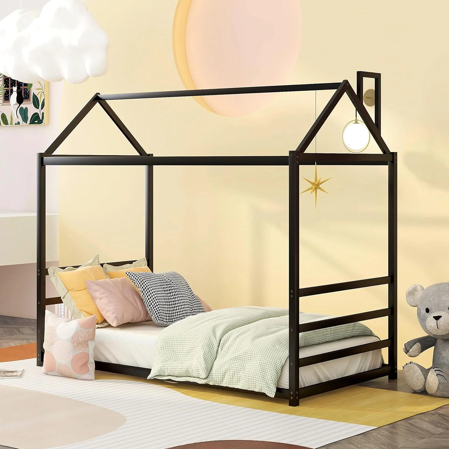 Metal Size House Beds, Floor House Platform Bed Frame With Roof And Chimney Design, Montessori Bed For Toddlers Kids Teens (Black)