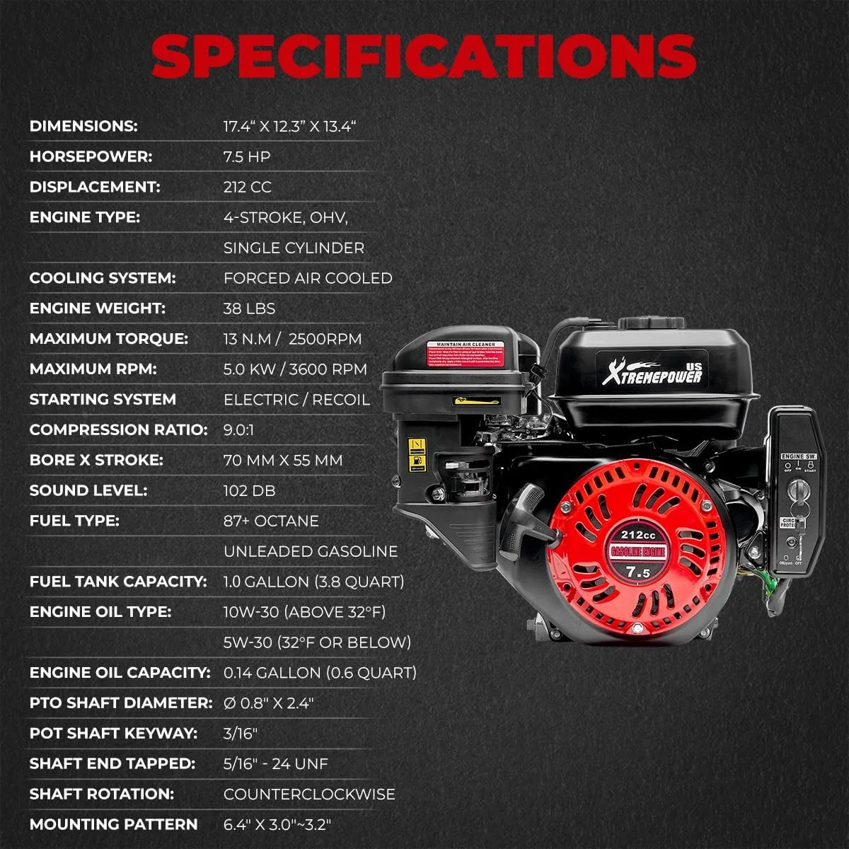 XtremepowerUS 7.5HP Multi-Use Engine Go Kart Log Recoil/Electric Start Gas Powered