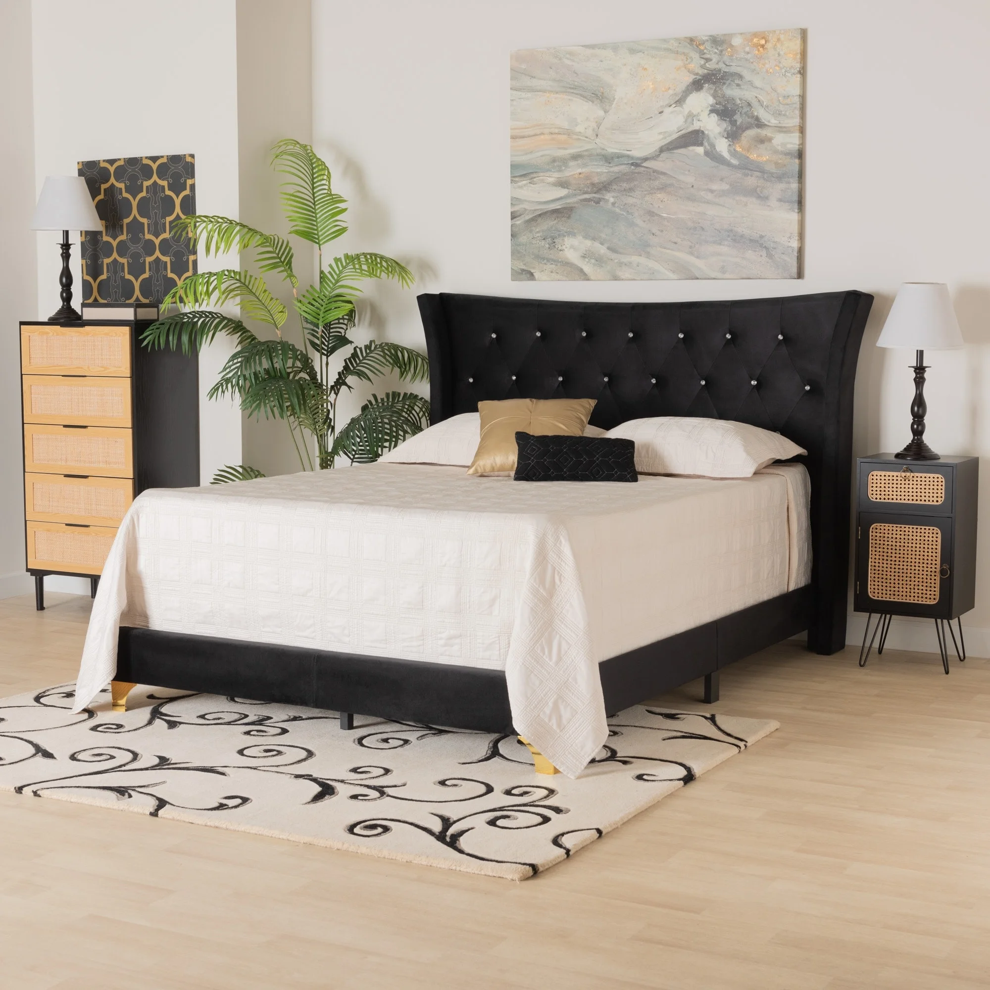 Baxton Studio Easton Contemporary Glam and Luxe Velvet and Gold Metal Queen Size Panel Bed Black, Gold