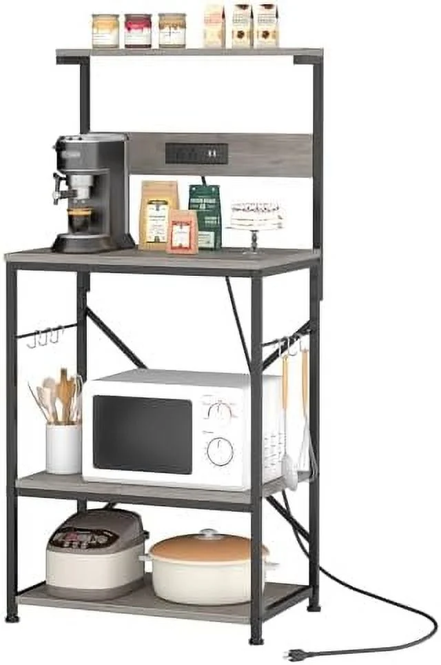 MQLIFEBOOM Kitchen Bakers Rack with Power Outlet  Coffee  Cabinet  Kitchen Cart  Large Microwave Stands Cart with 6 S-Shaped Hooks  Wine Glass Holder and Basket (35.43''  Rustic B