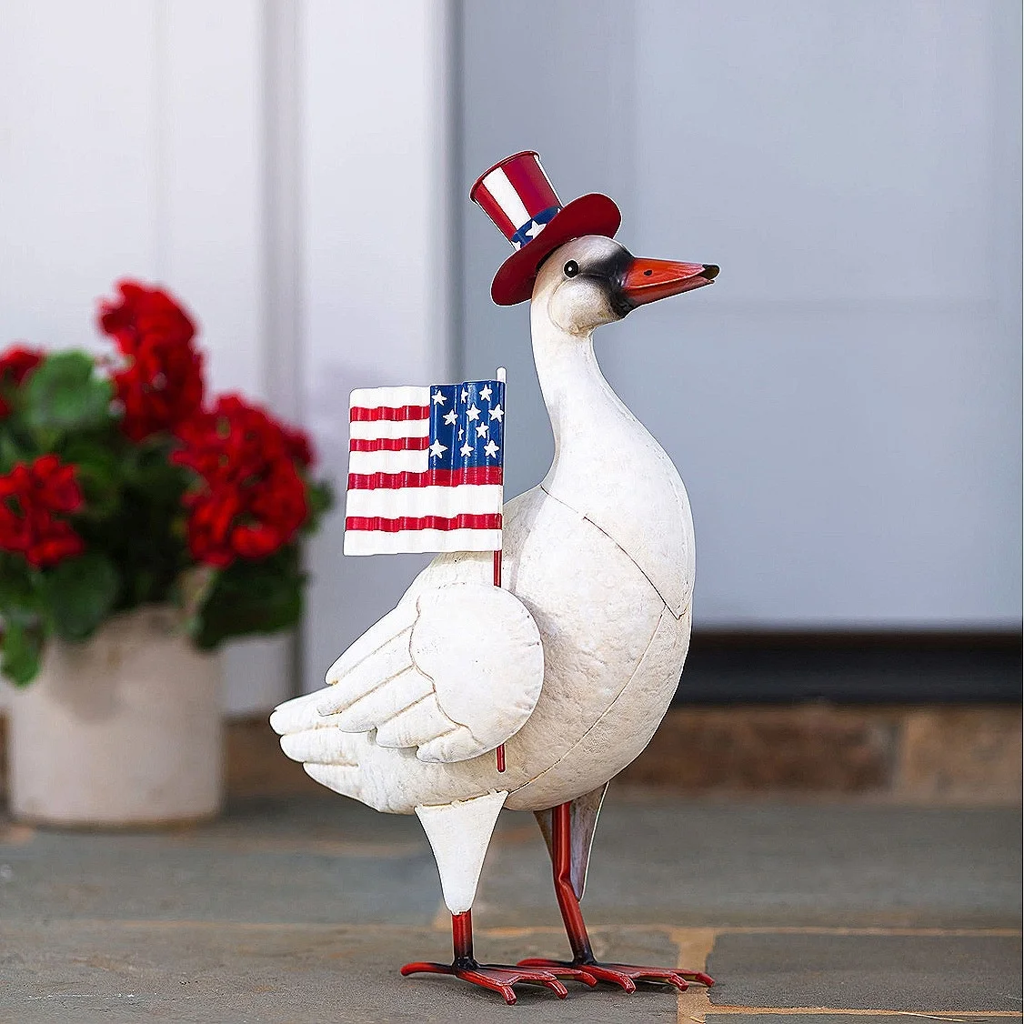 Plow & Hearth Metal Patriotic Goose Statue with American Flag and Top Hat
