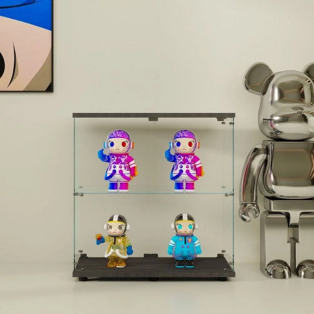 Two-door Glass Display Cabinet 2 Shelves with Door, Floor Standing Curio Bookshelf for Living Room Bedroom Office, 35.35” x 31.69”x 14.37”, Black