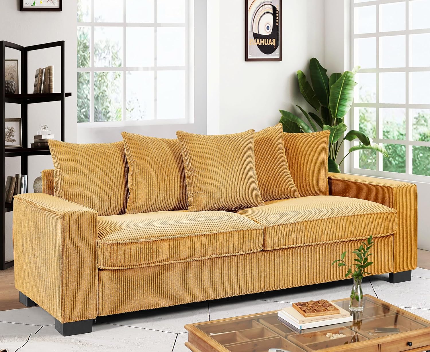 Uspridefurniture Luxe Corduroy Sofa with 5 Matching Toss Pillows, Sleek Design, Spacious and Comfortable 3 Seater Couch for Modern Living Room,Yellow