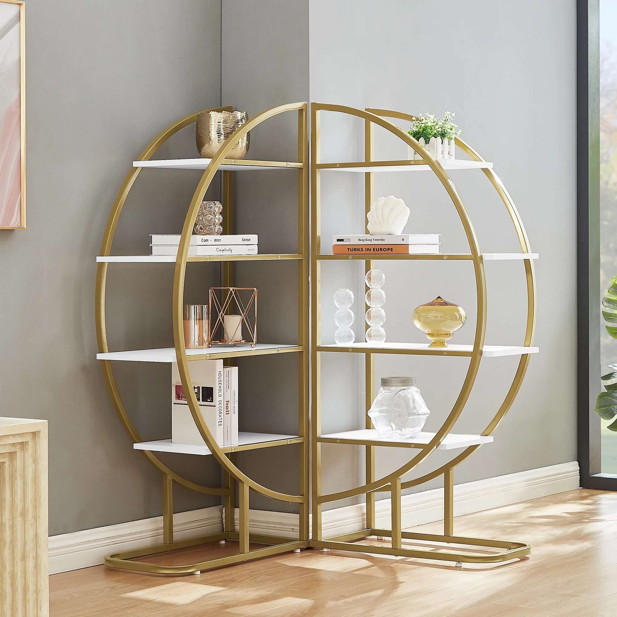 Royard Oaktree Bookshelf Round Bookcase with 4 Tiers Open Shelves Wood Bookshelves with Gold Metal Frame 2-pcs Half Moon Shelf Modern Display Storage Shelf for Living Room Bedroom Home Office
