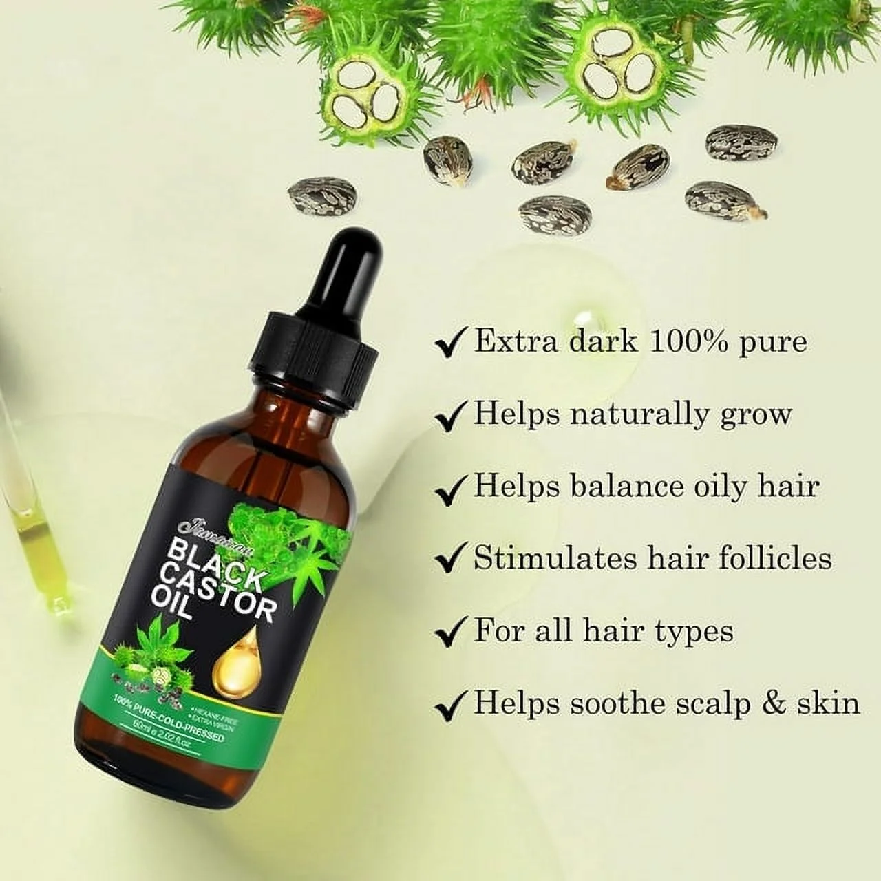 Jamaican Black Castor Oil for Hair Growth 60ml(2.02 fl.oz) Natural Moisturizer for Face, Body & Nails, Carrier Oil for Essential Oils and DIY Beauty - 5pack