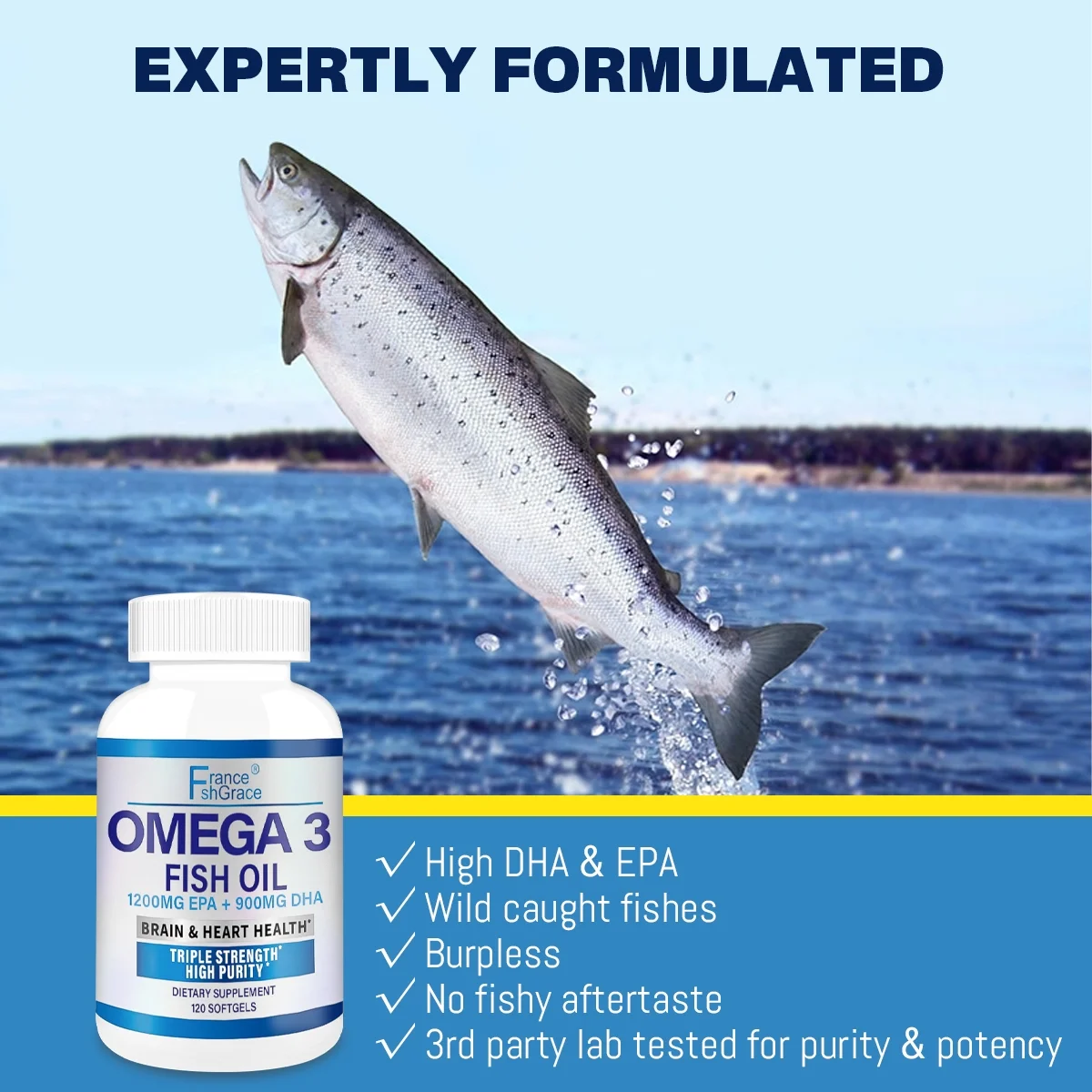 France ShGrace-Naturals Fish Oil  - 4,080mg High Omega 3 – 120 Soft Gels – EPA 1200mg DHA 900mg Lemon Flavor Burpless Softgels