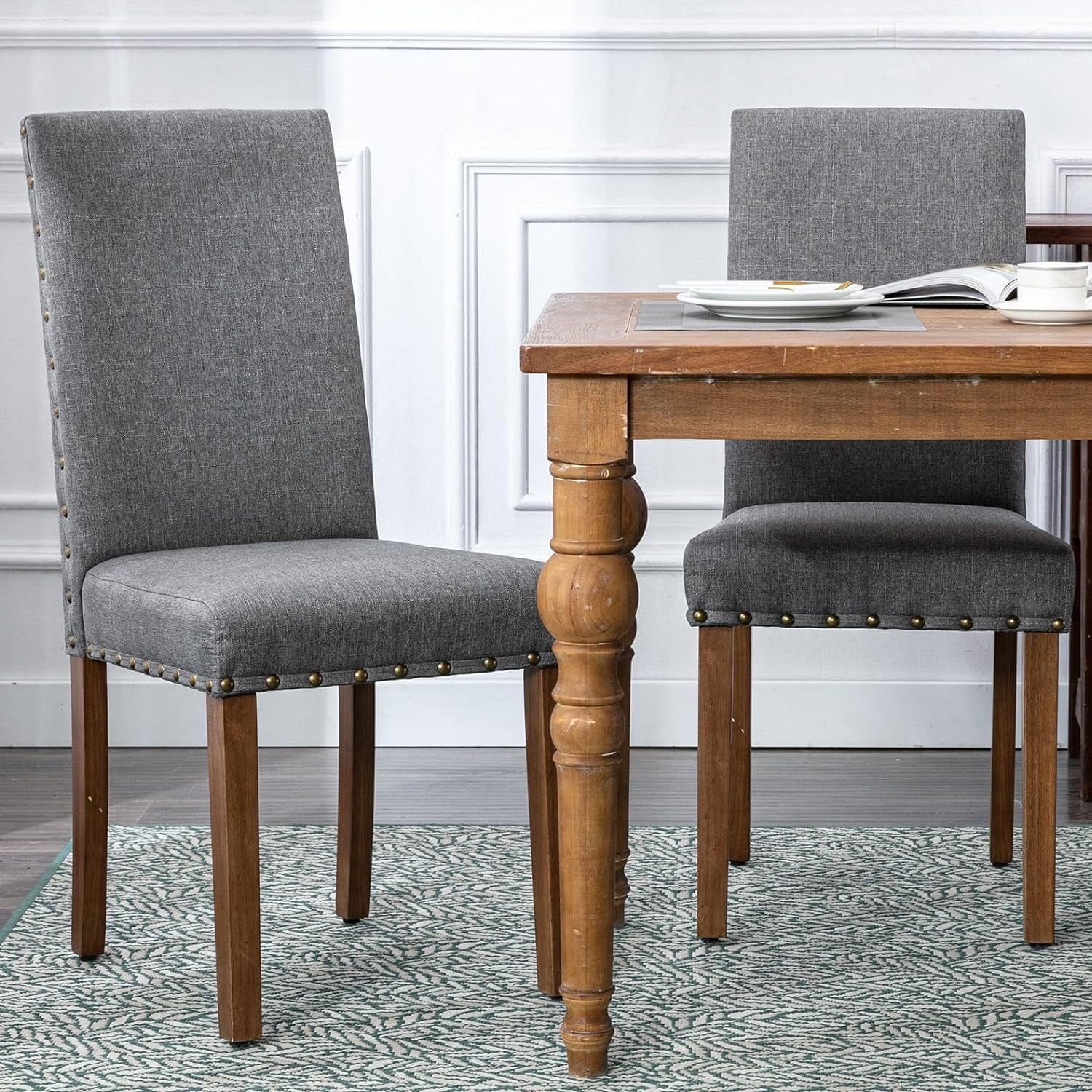 Upholstered Padded Dining Room Nailhead Trim and Solid Wood Legs Parsons Chair, Set of 2, Grey