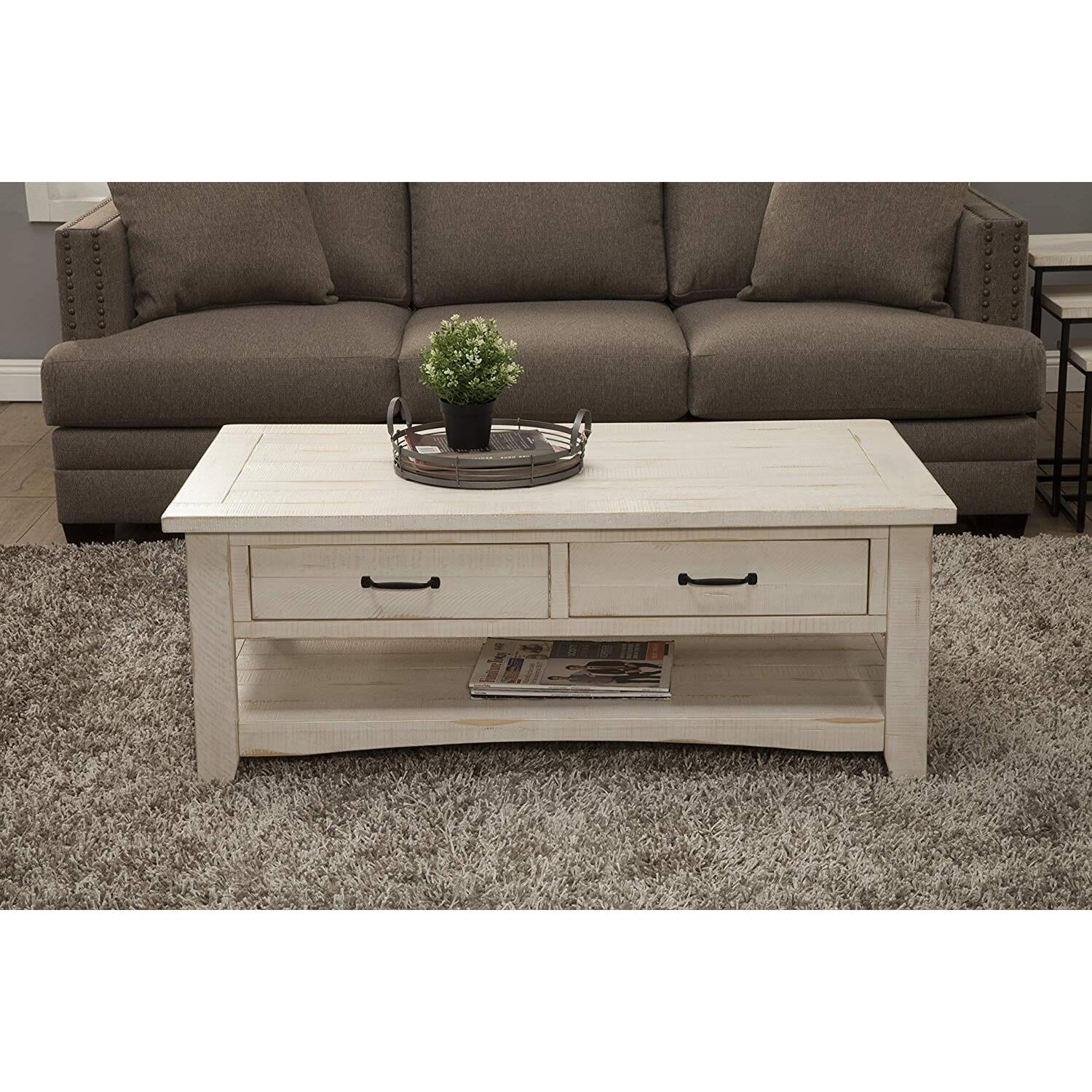 Wooden Coffee Table With Two Drawers, Antique White