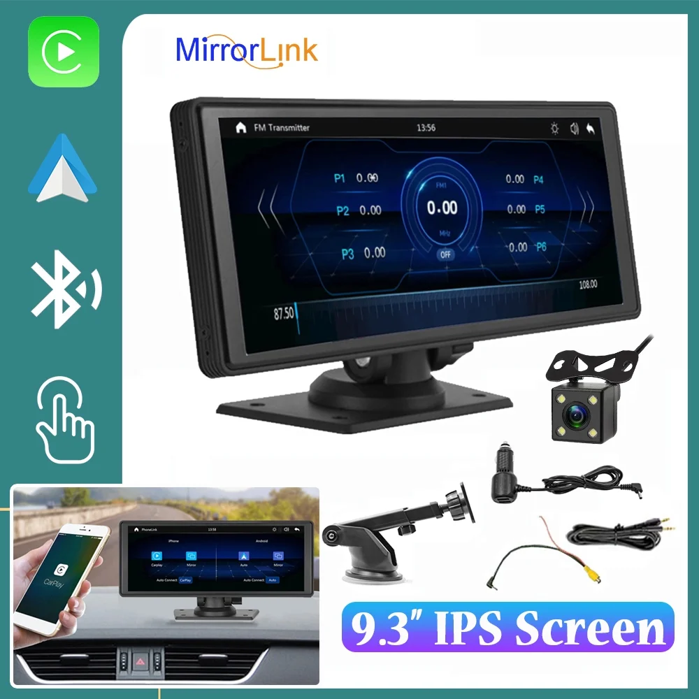 Portable Wireless Carplay&Android Auto Car Stereo,Newest 9.3 Inch Touch Screen Car Stereo with Bluetooth/FM Synchronization/Rear Camera Navigation Unit Player with Bluetooth FM Transmitter,AUX, TF