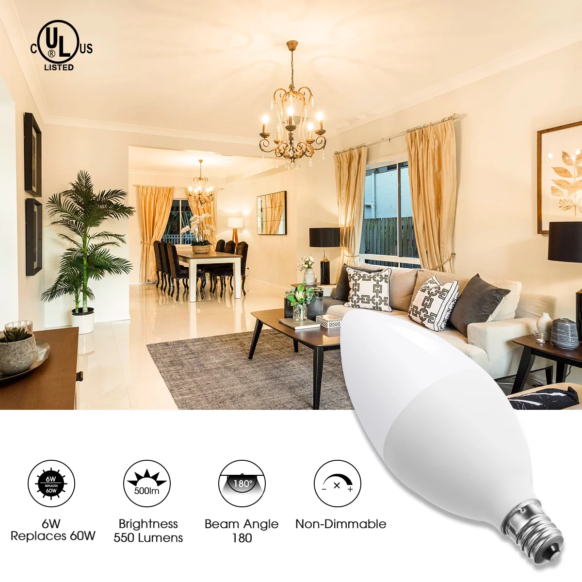 YANSUN E12 LED Candelabra Light Bulbs 6W, Warm White 5000K Chandelier Bulbs, 60 Watt Equivalent, 550 Lumens, E12 Base, 6 Pack