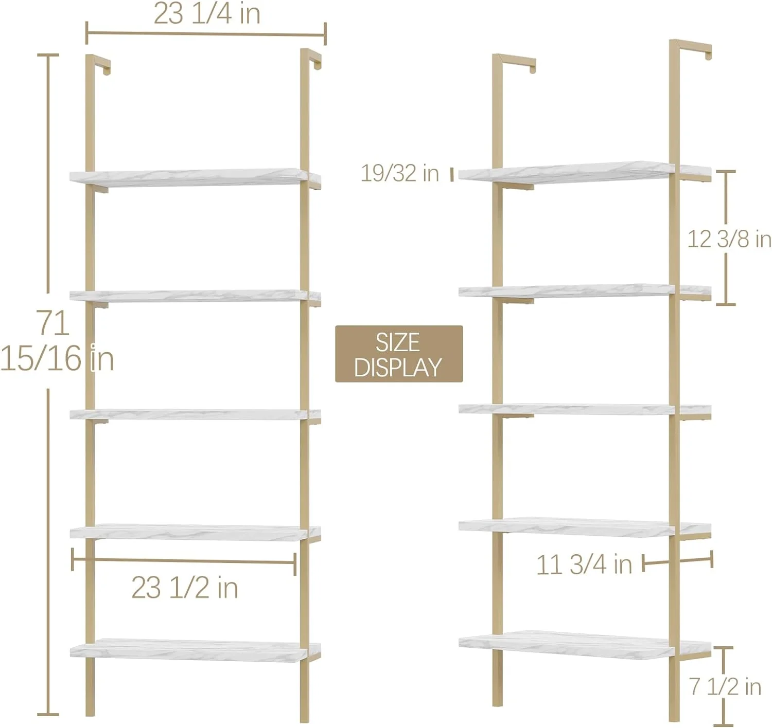 Bevfint 5-Tier Industrial Ladder Shelf Rustic Wall Mounted Metal Frame Bookcases, Open bookshelf for Storage Organizer, Decor for Home Living Room Bedroom - White Marble Board