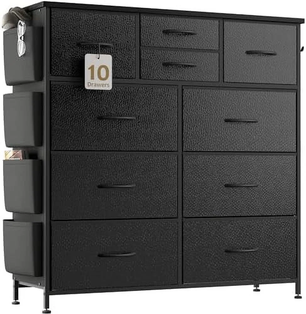 FDSHOIYN Dresser for Bedroom with 10 Drawers  Chest of Drawers with Side Pockets  Hooks  Wooden Top and Sturdy Metal Frame  Fabric Dresser Drawers for Living Room  Hallway (Black Wood Vei