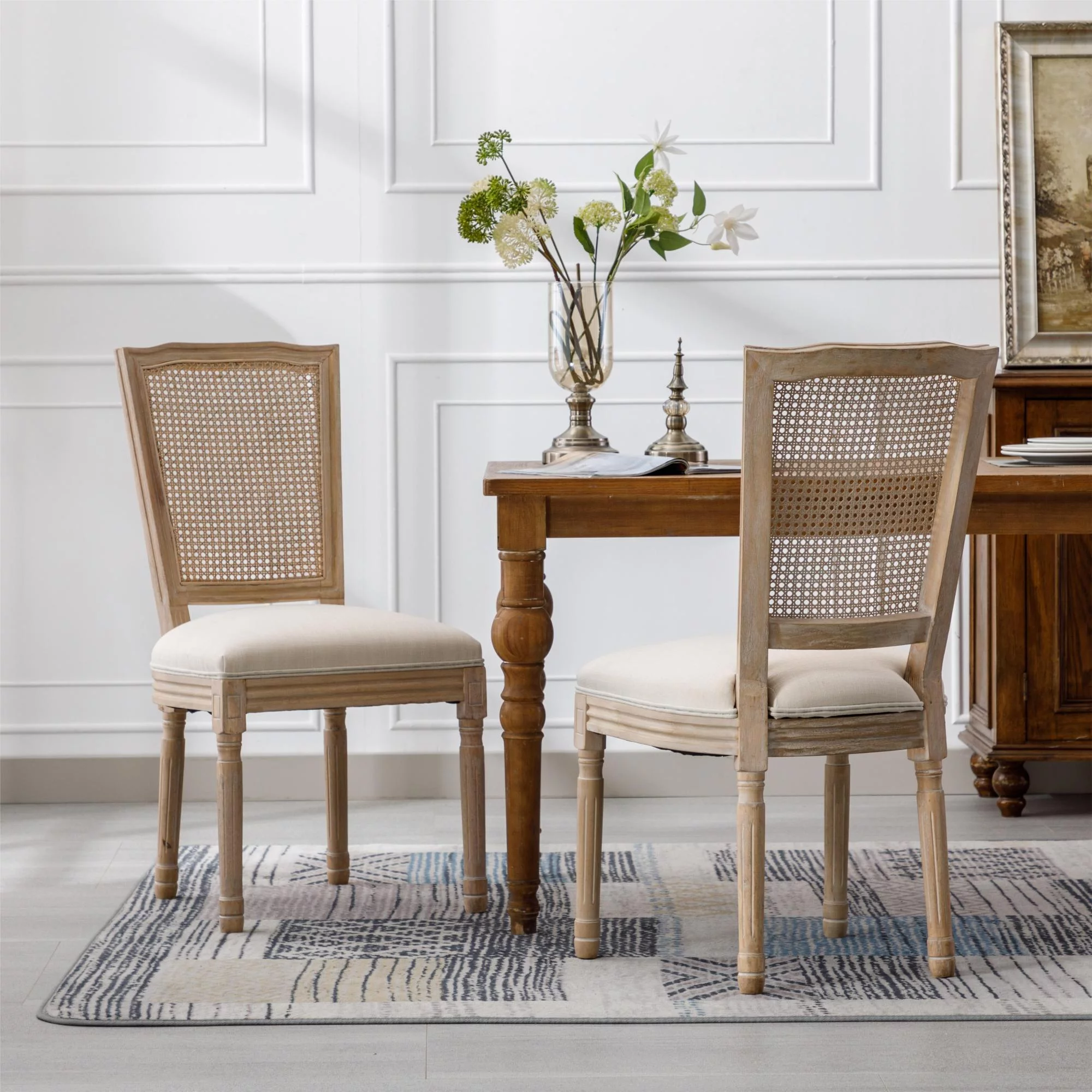 French Style Solid Wood Frame Antique Painting Linen Fabric Square Rattan Back Dining Chair,Set of 2,Cream