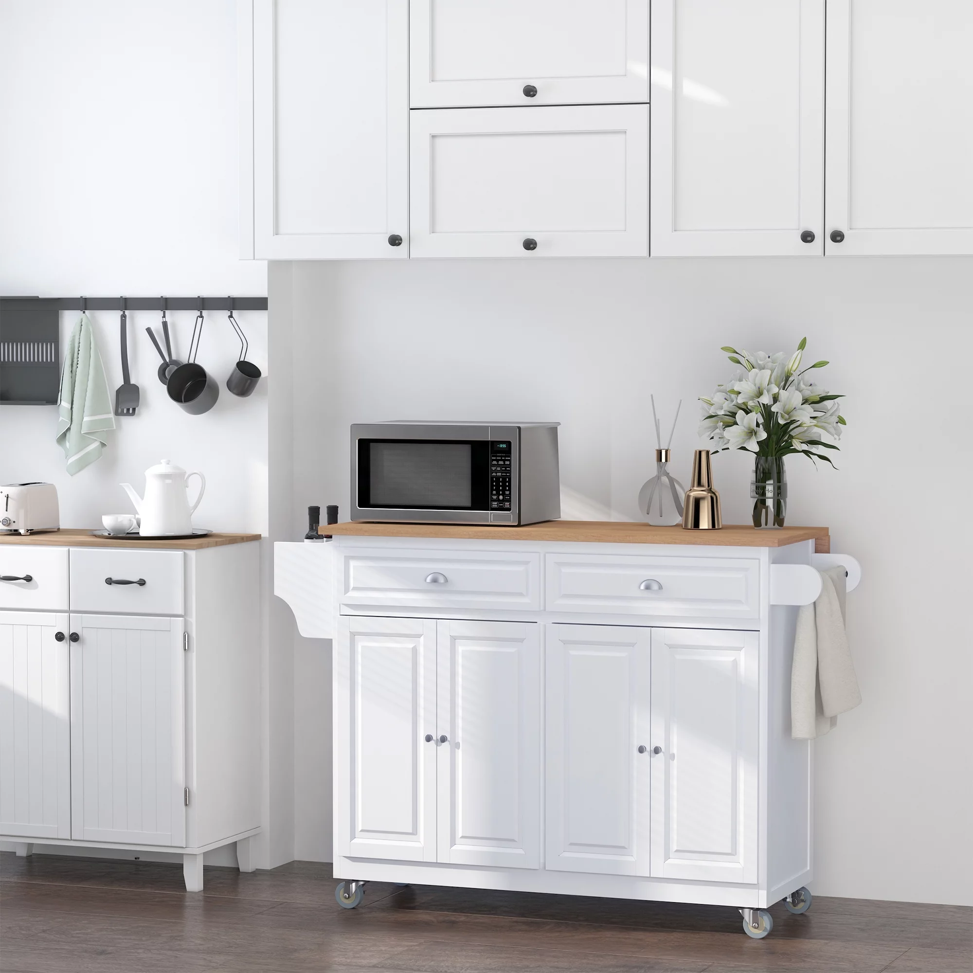 HOMCOM Rolling Kitchen Island on Wheels Ultility Cart with Drop-Leaf and Rubber Wood Countertop, Storage Drawer, Door Cabinet, White